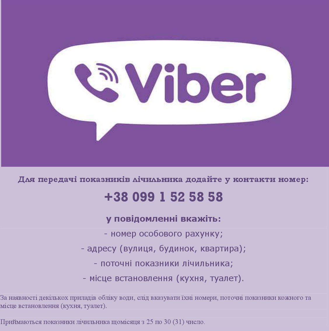 Показники лічильника води можна передати через Viber та SMS-повідомлення